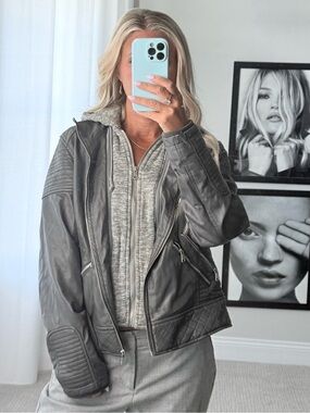 YMI Gray Leather Moto Jacket with hood and fair fur interior